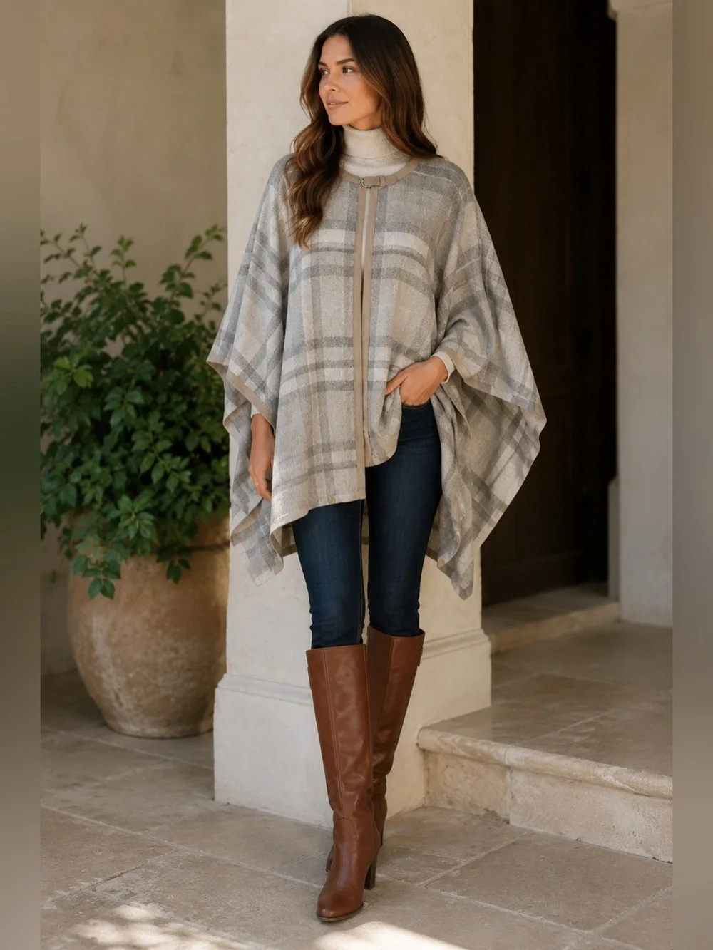 Lauren Ralph Lauren Wool Cashmere Plaid Cape Poncho Suede Trim Gray S/M